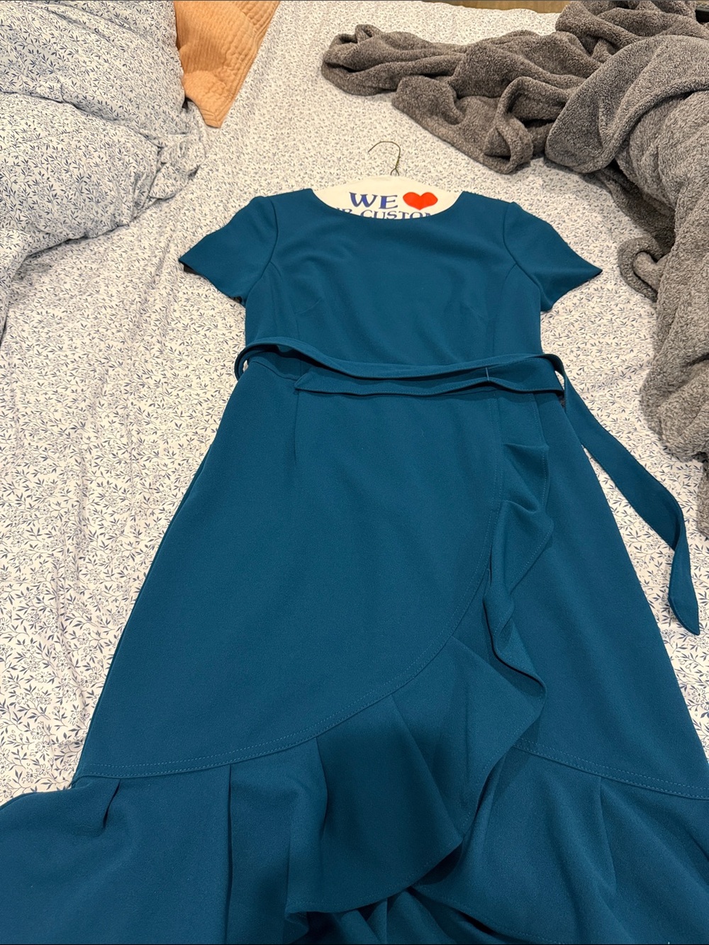 Calvin Klein Teal Ruffle Wrap Midi Dress